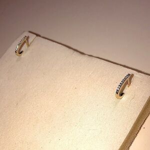 GOLD Vermeil Sterling Silver White Cz Stone J Hook Stud Earrings .5” / Half Inch